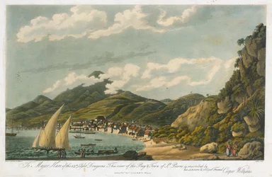 Vue de la baie et de la ville de Saint Pierre (Martinique). Lithographie (42,3x56 cm) par Cooper Willyams (1762-1816)
