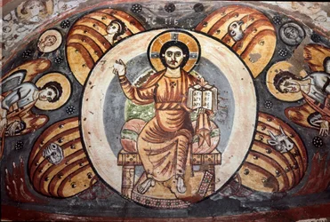 Art copte : Christ en majesté. Les symboles des quatre évangélistes. Fresque décorant une niche, Ve-VIe siècle. Musée copte du Caire, Égypte