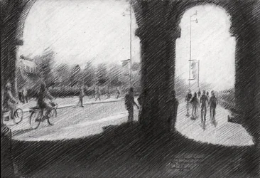 Scène urbaine avec arcades