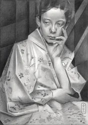 Jeune fille en kimono, pensive