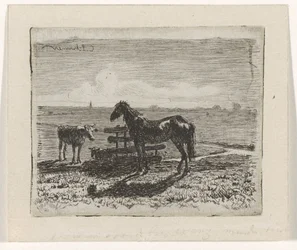 Prairie avec un cheval et deux vaches