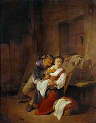 Vieillard lutinant une jeune femme dans un interieur …