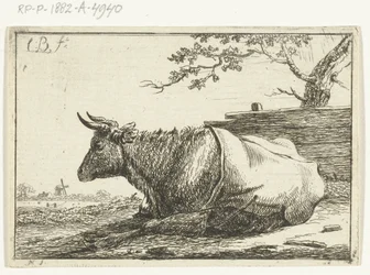 Paysage avec une vache couchée avec une couverture sur le dos