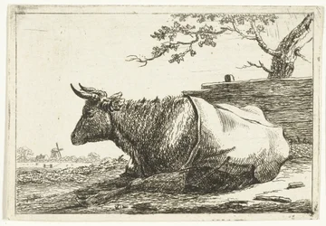 Paysage avec vache couchée avec couverture sur le dos
