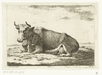 Paysage avec vache couchée avec cornes (série de vaches)
