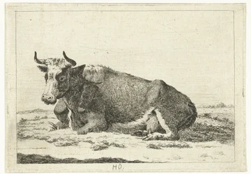 Paysage avec vache couchée avec des cornes