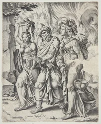 Loth et ses filles quittant Sodome en flammes