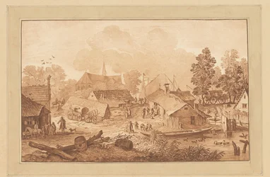 Vue de village avec étang