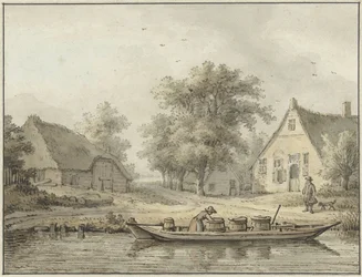 Paysage avec barque amarrée portant des tonneaux