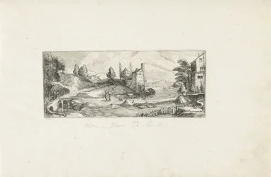 Paysage fluvial avec deux femmes sur un pont