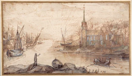 Scène de port avec des navires et une église au coucher du soleil