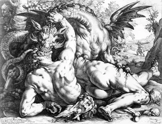 Dragon dévorant les compagnons de Cadmus, gravé par Hendrik Goltzius, 1588