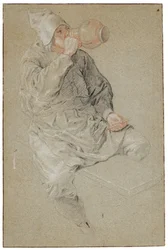 Homme assis buvant dans une chope en terre cuite et tenant une pipe (craie sur papier)