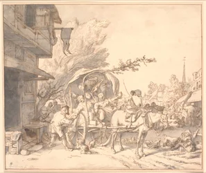 Scène de marché avec des paysans ivres dans une charrette devant une auberge