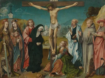 Christ en croix, avec Marie, Jean, Marie-Madeleine et les saints Cécile et Barbara (à gauche) et Pierre, François et Jérôme (à droite)