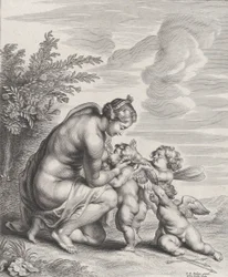 Vénus allaitant trois Cupidons dans un paysage