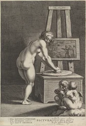 Pictura : allégorie de la peinture, avec une femme nue au centre broyant des pigments, deux p..., vers 1610-50