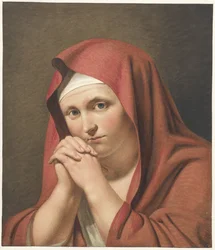 Femme en rouge, mains jointes