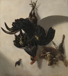 Nature morte au coq noir et à deux lapins