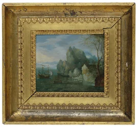 Paysage côtier rocheux avec des figures sur le rivage et une galère amarrée