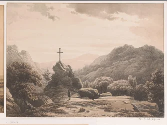 Paysage montagneux avec croix sur un rocher