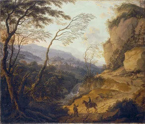 Hollandais : Paysage de montagne avec un cavalier et un chasseur en conversation