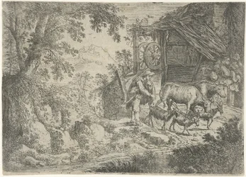 Berger avec chèvres et vaches