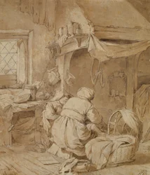 Salon de ferme avec fermier, berceau et enfant, c.1654