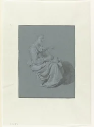 Femme assise, de profil à droite, avec une cruche dans la main droite