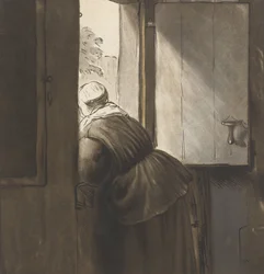 Une femme appuyée sur la porte du bas, d
