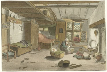Intérieur avec femme près du berceau