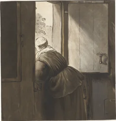 Femme appuyée sur une porte basse