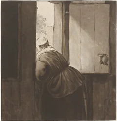 Femme penchée sur une porte inférieure