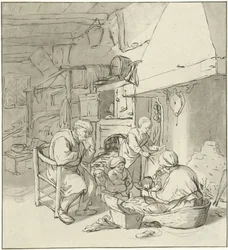 Famille de paysans près de la cheminée