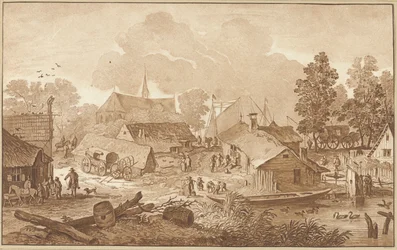 Paysage de village avec étang