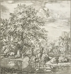 Berger et bergère avec troupeau près d