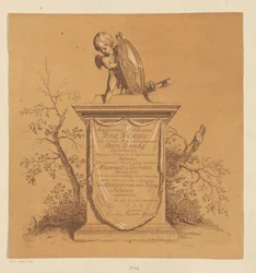 Putto debout sur un monument avec dédicace à Jonas Witsen
