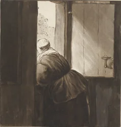 Femme appuyée sur une porte inférieure