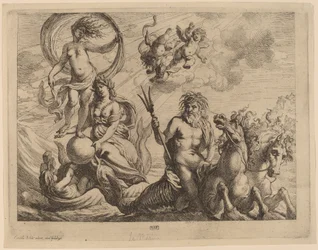 Neptune avec deux chevaux sur la mer