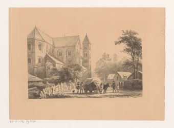 Bovins avec charrette devant une église du XIe siècle