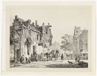 Vue de ville avec chariot à chevaux