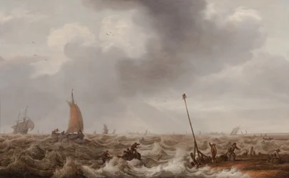 Navigation en mer agitée le long de la côte avec une jetée, un phare et une ville au loin, vers 1600-55