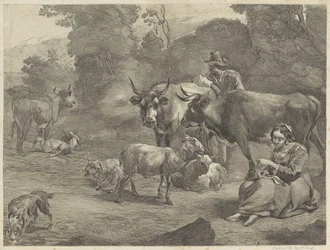 Paysage avec un berger et une bergère cousant