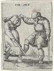 Un homme avec un pied bandé dansant avec une femme, 1572 (gravure sur papier vergé)