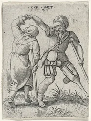 Un homme avec une jambe de bois tournant une femme boiteuse sous son bras, 1572 (gravure sur papier vergé)