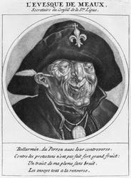 Caricature protestante de Bossuet, évêque de Meaux, illustration de Les Héros de La Ligue ou La Procession monacale, conduite par Louis XIV, pour la conversion des protestants de son royaume, Paris