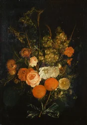 Bouquet de roses, œillets, oranges, raisins, glands et châtaignes