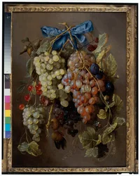 Nature morte de raisins, cerises et prunes suspendus à un clou avec un ruban bleu