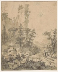 Chemin de montagne avec un homme et deux mules