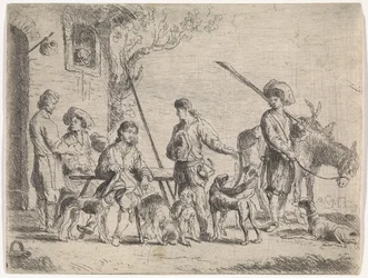 Chasseurs devant une auberge